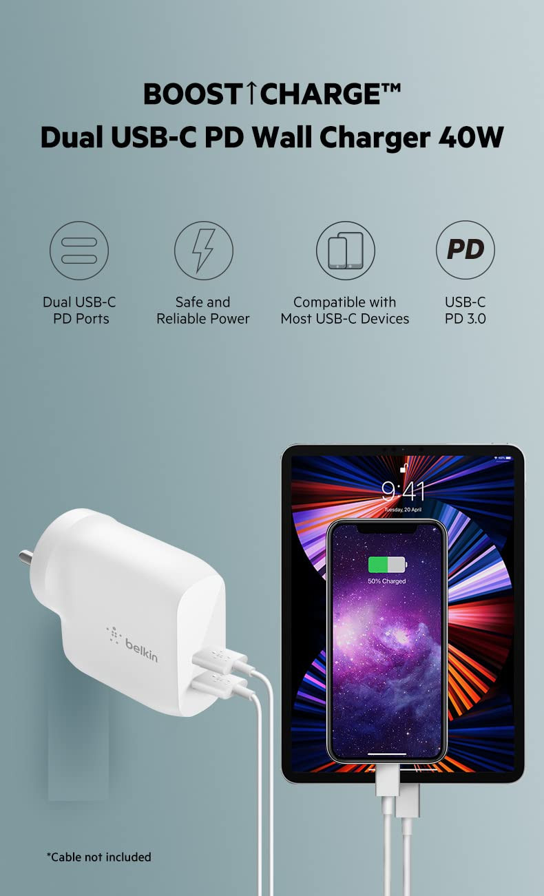 Belkin 40W 20W  20W Dual Port USB-C Type C Wall ChargerAdapter Fast Charging for iPhone 15 14 13 12 iPad  Other USB-C suported Devices - White