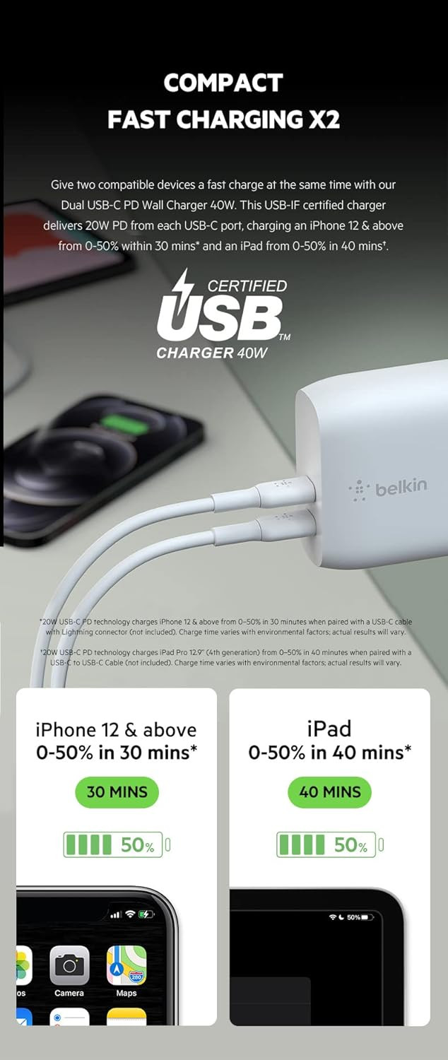 Belkin 40W 20W  20W Dual Port USB-C Type C Wall ChargerAdapter Fast Charging for iPhone 15 14 13 12 iPad  Other USB-C suported Devices - White