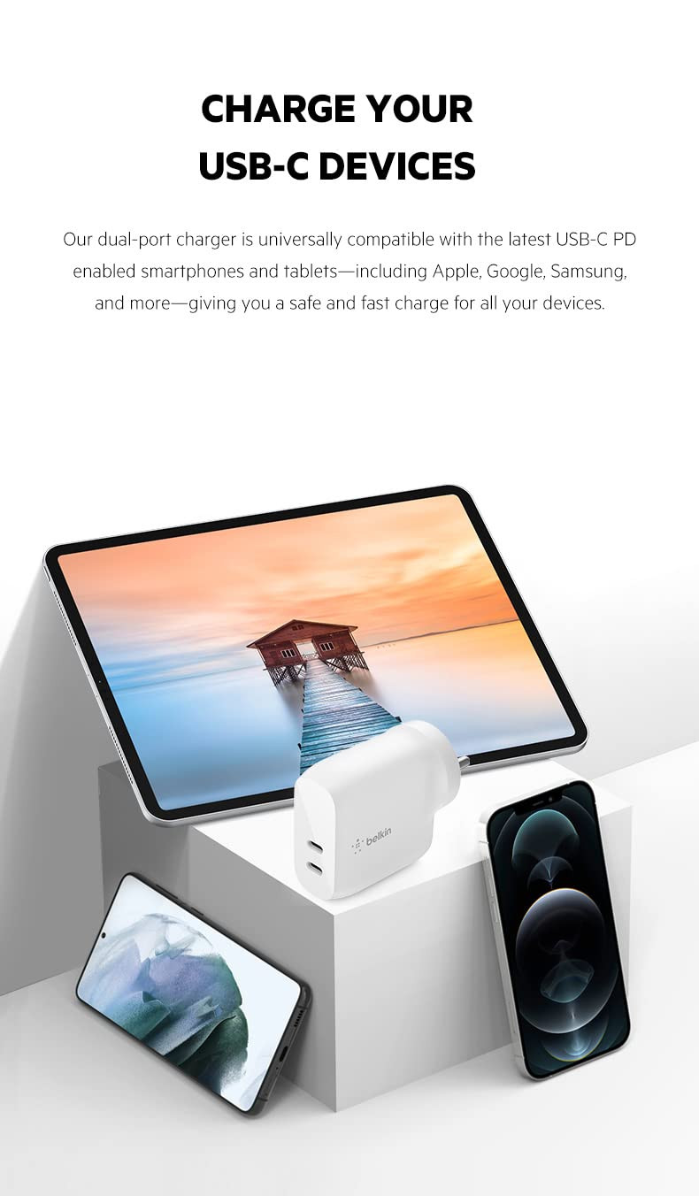 Belkin 40W 20W  20W Dual Port USB-C Type C Wall ChargerAdapter Fast Charging for iPhone 15 14 13 12 iPad  Other USB-C suported Devices - White