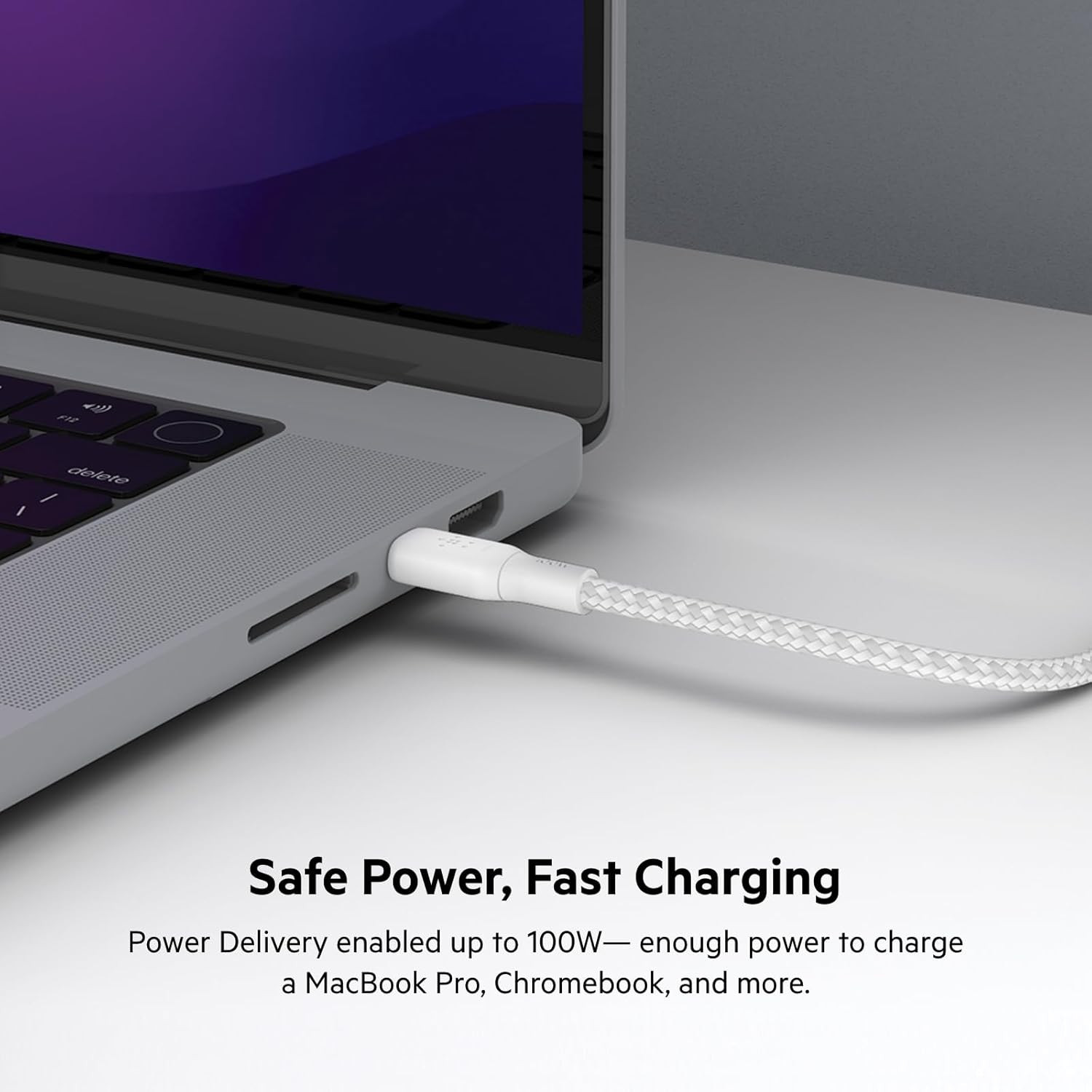 Belkin USB-C to USB-C Braided 66 feet 2 meters 100W PD Fast Charge and Sync Type C Cable for iPhone 15 Series Macbook USB-C Laptops other USB-C Devices USB-IF certified  White