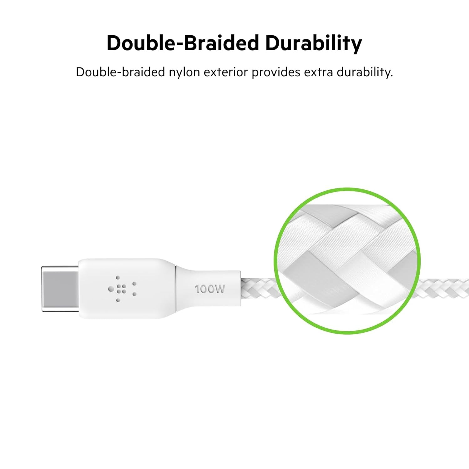 Belkin USB-C to USB-C Braided 66 feet 2 meters 100W PD Fast Charge and Sync Type C Cable for iPhone 15 Series Macbook USB-C Laptops other USB-C Devices USB-IF certified  White