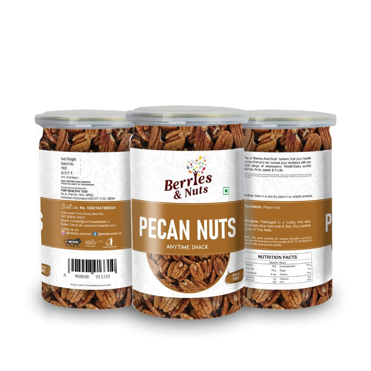 Berries And Nuts Premium Jumbo Hand Graded Pecan Nuts 300 Grams | 2 Bottle of 150 Grams