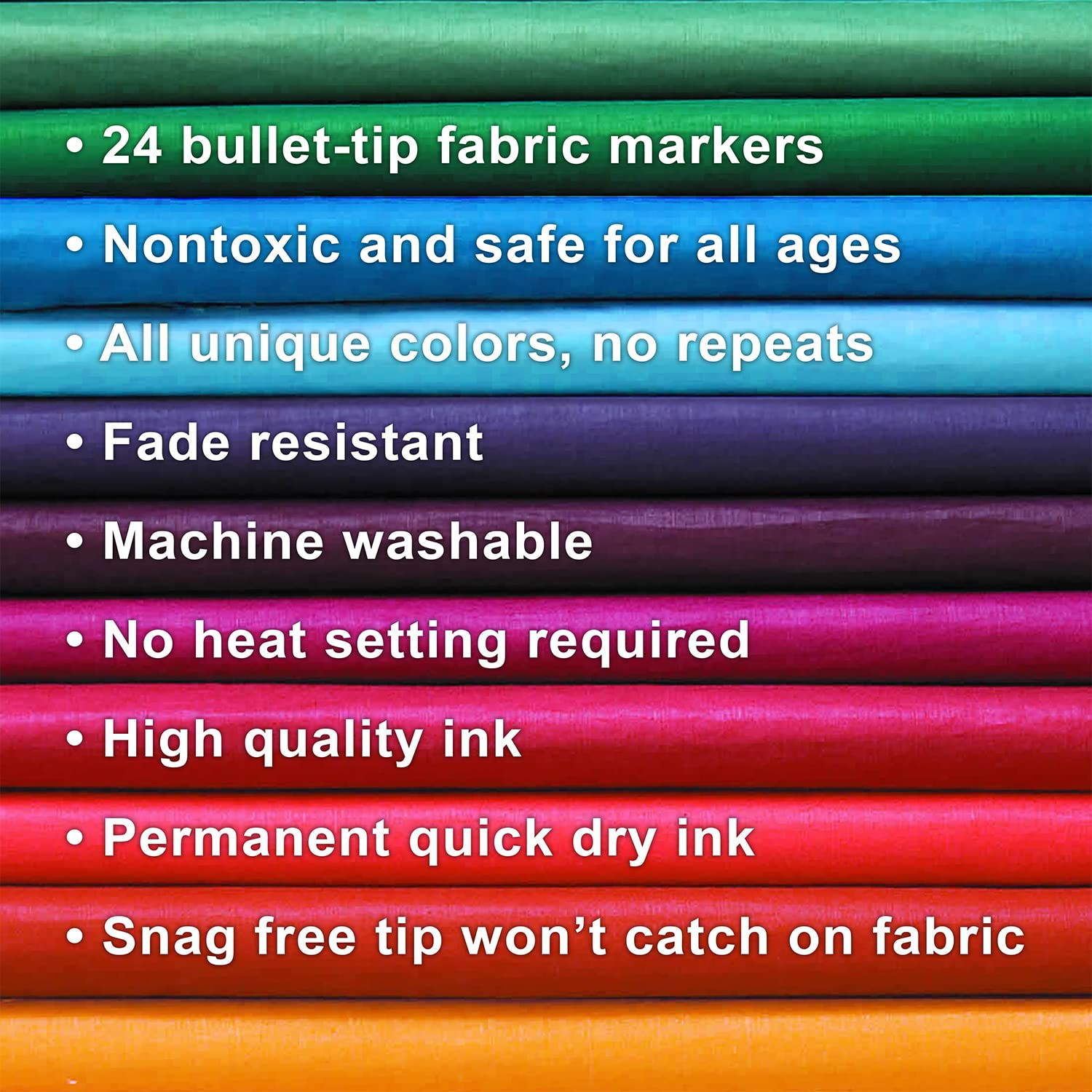 Best Fabric Markers (PACK OF 24 PENS) Non-Toxic - Set of 24 Individual Colors - NO DUPLICATES - Bullet Tip - Machine Washable Paint - Perfect for Writing on Clothes, Clothing, Jeans, Pants, and Shirts