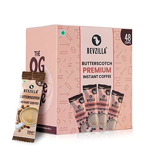 Bevzilla 48 Instant Coffee Powder Sachets (Butterscotch) - 96 Grams| Hot & Cold Coffee| Makes 48 Cups| 100% Arabica Coffee| Strong Coffee| Easy To Carry| Best Coffee| Espresso, Latte, Cappuccino