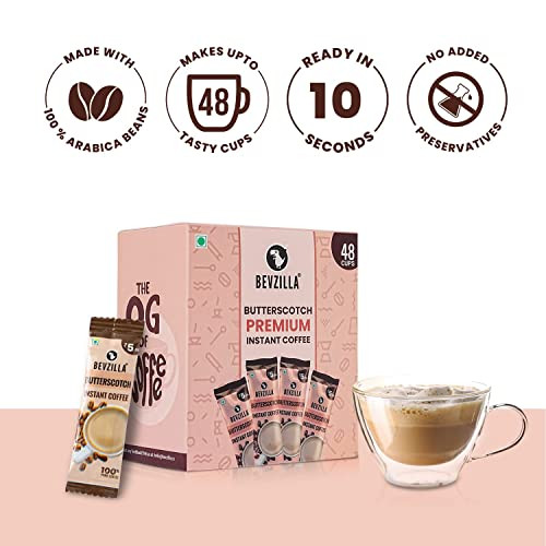 Bevzilla 48 Instant Coffee Powder Sachets (Butterscotch) - 96 Grams| Hot & Cold Coffee| Makes 48 Cups| 100% Arabica Coffee| Strong Coffee| Easy To Carry| Best Coffee| Espresso, Latte, Cappuccino