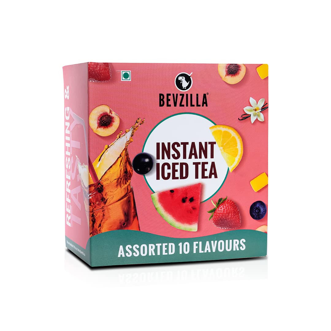 Bevzilla Iced Tea Powder Assorted 10 Flavours Pack, Ice Brew, Cold Brew, Strong and Highly Flavourful, No Artificial Ingredients, 30 Calorie Instant Ice Tea Powder, 30 GM each sachet x 10