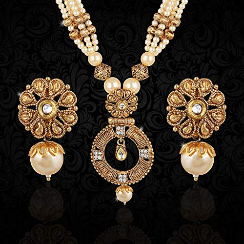 BIGOWL Stylish Gold Pendal Set with Pearls Ball Chain and Kundan