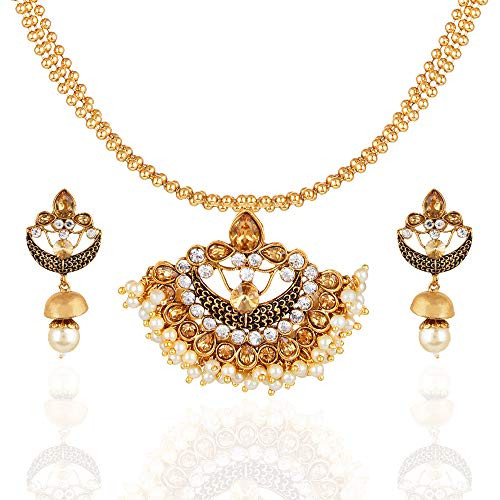 BIGOWL Stylish Gold Pendal Set with Pearls Ball Chain and Kundan