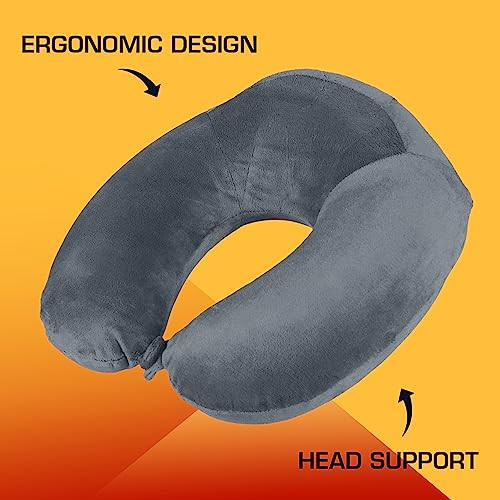 Billebon Extra Soft Memory Foam Luxury Travel Neck Support Rest Pillow with Soft Washable & Removable Cover, Multipurpose Comfortable Travel Pillow for Airplane (Grey Raised)