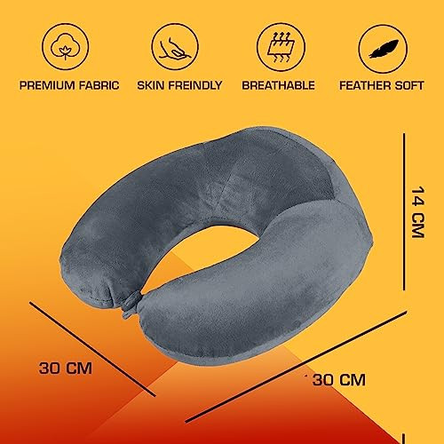 Billebon Extra Soft Memory Foam Luxury Travel Neck Support Rest Pillow with Soft Washable & Removable Cover, Multipurpose Comfortable Travel Pillow for Airplane (Grey Raised)