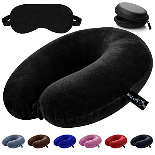 Billebon Premium Neck Pillow Eye Mask Combo Airplane Travel Pillow with Comfortable Velvet Sleeping Eyemask Head Rest Pillow & 30 Years Warranty (Black with Earphone Case)