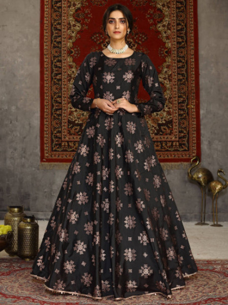 Ethnic Gowns | Black And Mustard Colour Party Wear Gown | Freeup