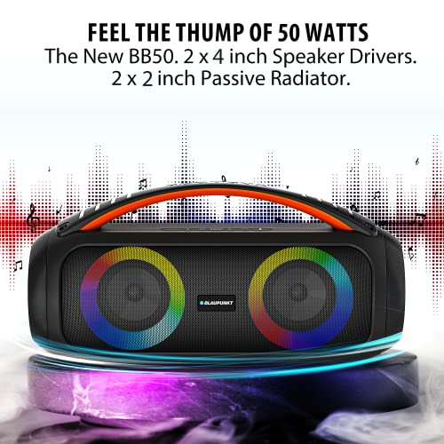 Blaupunkt Newly Launched Atomik BB50 Wireless Bluetooth Party Speaker 50 watts I Premium HD Sound and Monstrous Bass I Karaoke with Mic I TurboVolt Charging I RGB Lights