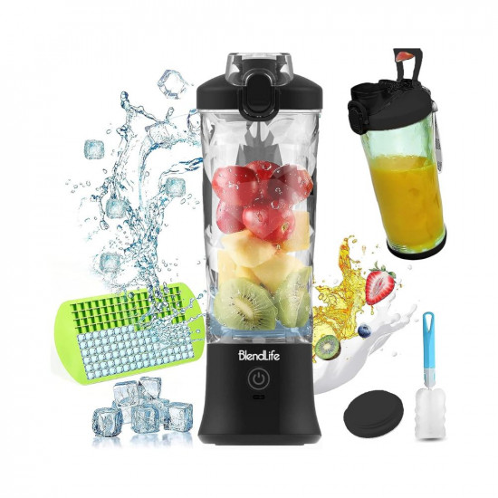 BlendLife Ultra Portable Blender For Juices Shakes Smoothies 230W 4000mah Battery Pulse Mode Feature LED Lights USB-C Waterproof Charging Port Inbuilt 600ml Jar Sipper  Carry Handle - Black