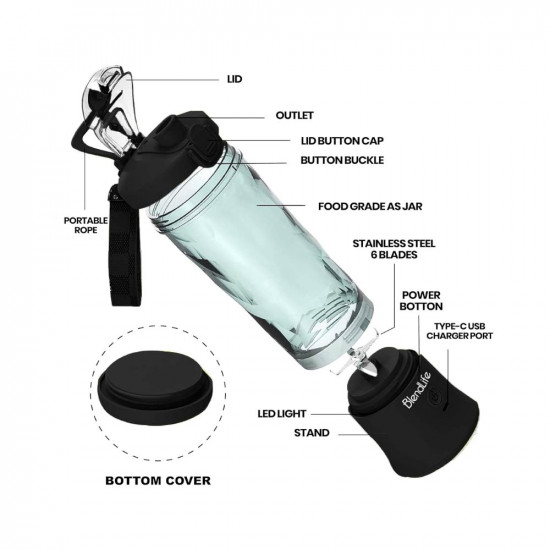 BlendLife Ultra Portable Blender For Juices Shakes Smoothies 230W 4000mah Battery Pulse Mode Feature LED Lights USB-C Waterproof Charging Port Inbuilt 600ml Jar Sipper  Carry Handle - Black