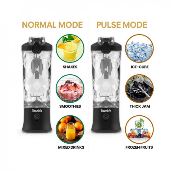 BlendLife Ultra Portable Blender For Juices Shakes Smoothies 230W 4000mah Battery Pulse Mode Feature LED Lights USB-C Waterproof Charging Port Inbuilt 600ml Jar Sipper  Carry Handle - Black