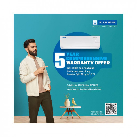 Blue Star 1.5 Ton 3 Star Convertible 4 in 1 Cooling Inverter Split AC (Copper, Compact, Stabalizer Free Operation, Super Quiet, Smart Ready, Blue Fins, Energy Saver, 2023 Model, IB318YKU, White)