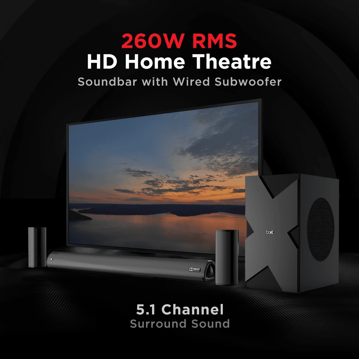 boAt AAVANTE Bar 3150D 260W 51 Channel Bluetooth Soundbar with Dolby Audio Signature SoundWired SubwooferMultiple ConnectivityEntertainment ModesPremium Black