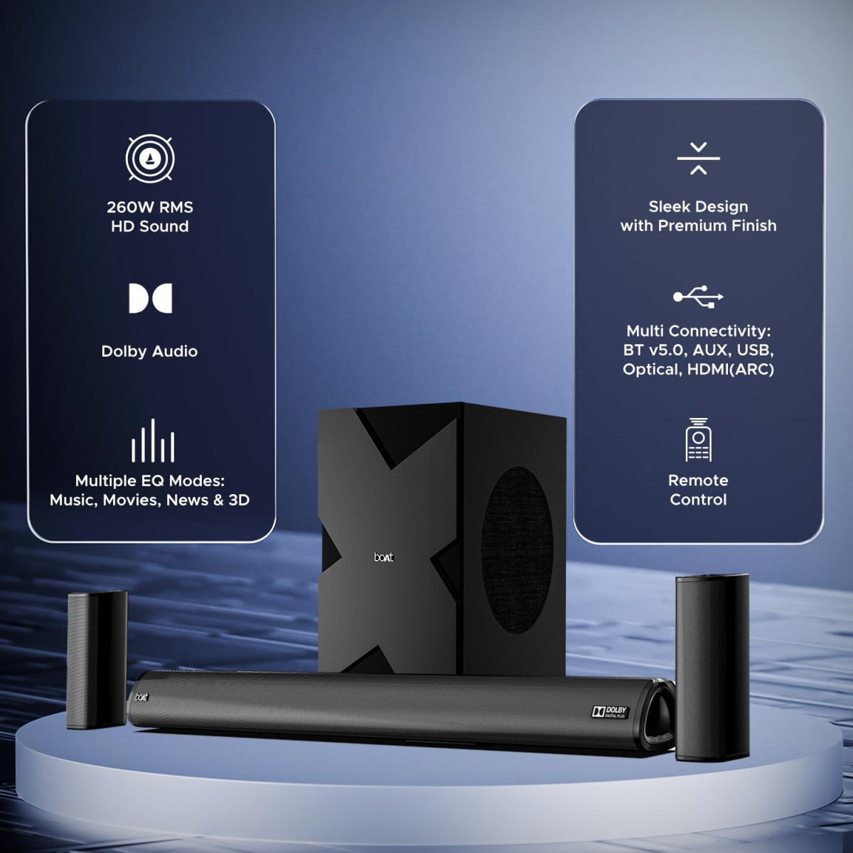 boAt AAVANTE Bar 3150D 260W 51 Channel Bluetooth Soundbar with Dolby Audio Signature SoundWired SubwooferMultiple ConnectivityEntertainment ModesPremium Black