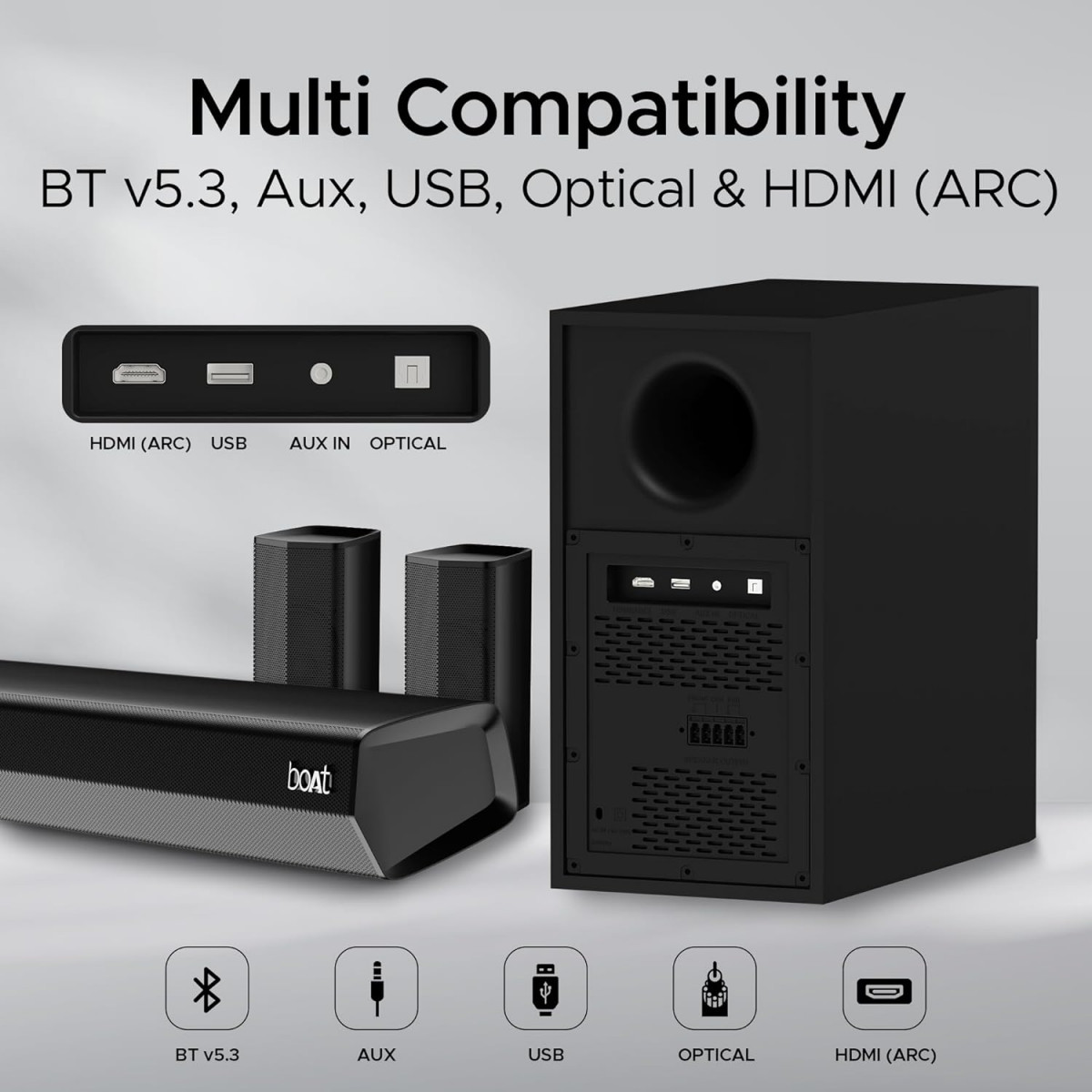 boAt Aavante Bar 3600 Bluetooth Soundbar w 500W RMS Signature Sound51 Channel Surround SoundBTv53 Wall Mountable DesignBassTreble ControlsMaster Remote ControlPremium Black