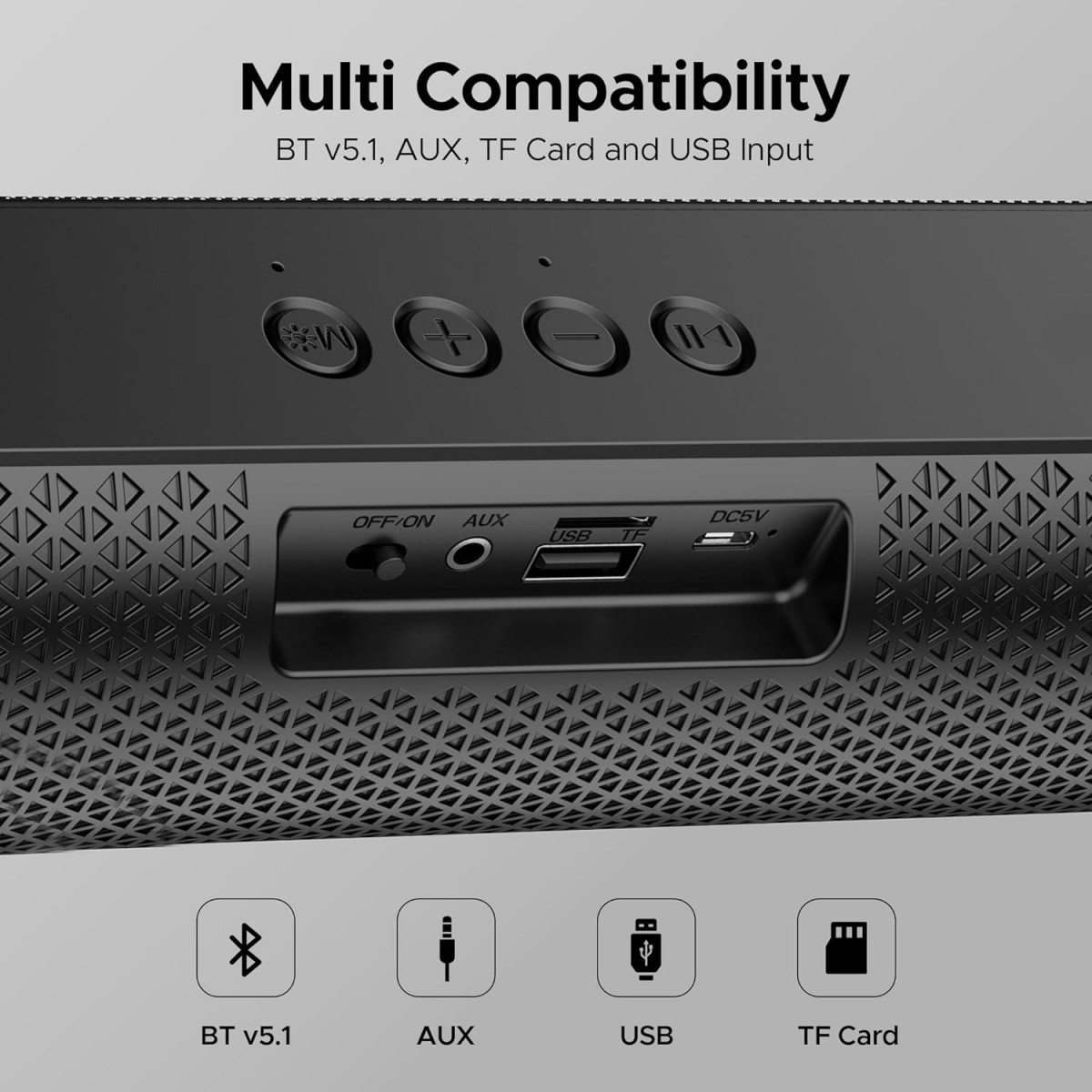 boAt Aavante Bar 490 Bluetooth Soundbar 10W RMS Signature Sound20 ChannelBTv51Dual Full-Range Drivers AUX TF Card USB Upto 7 Hrs PlaybackBuilt-in MicTWS FeatureClassic Black
