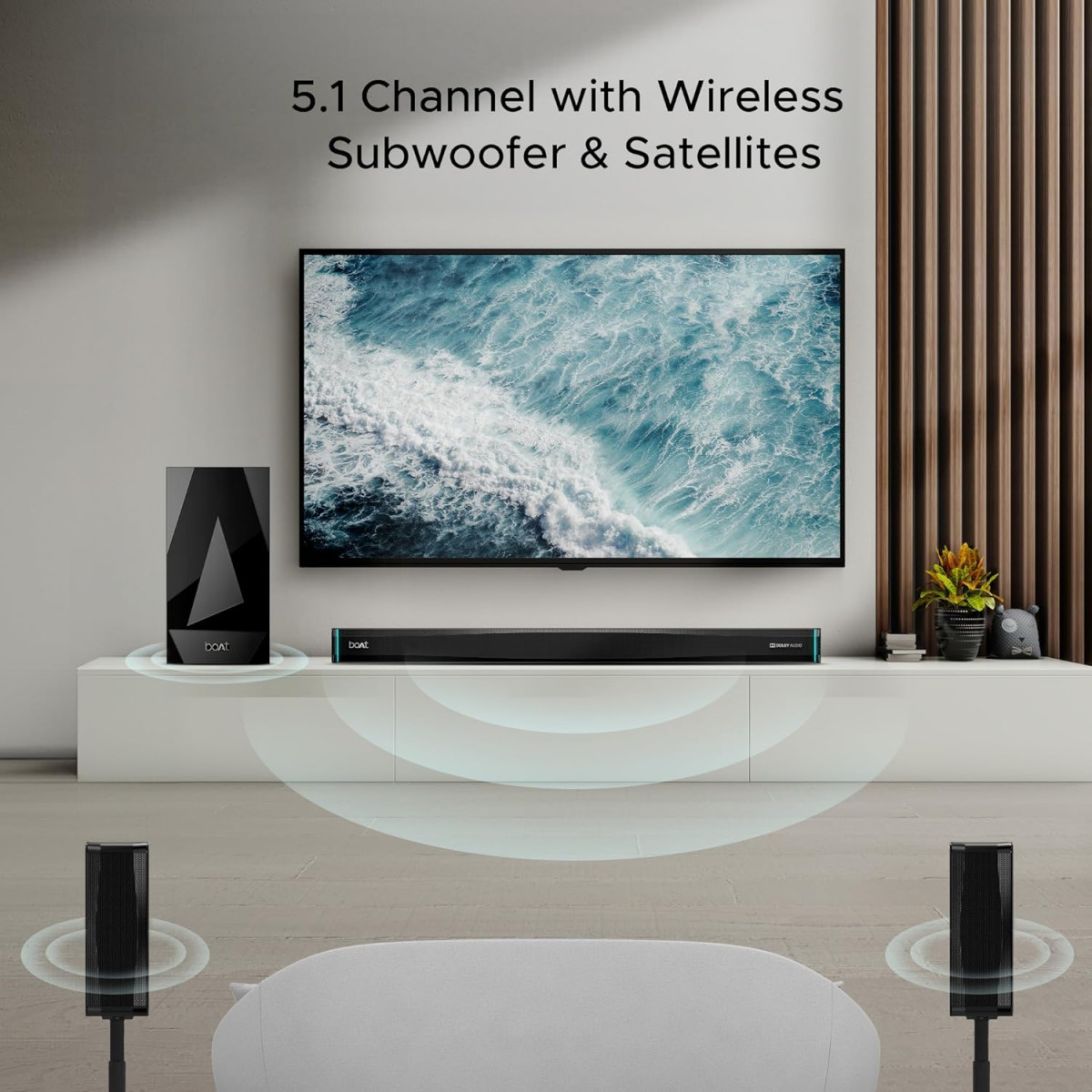 boAt Aavante Bar 5400D with 550W Dolby Audio 51 Channel with Wireless subwoofer  Satellites 3 Dynamic LED Modes Decor Enhancing Design LED DisplayPremium Black