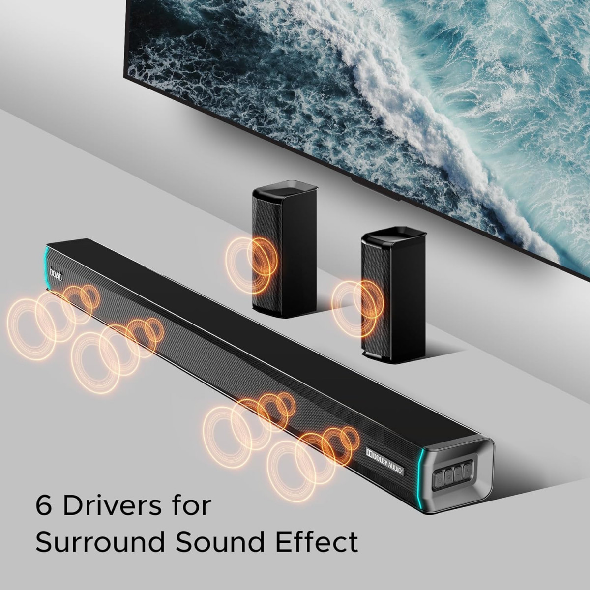 boAt Aavante Bar 5400D with 550W Dolby Audio 51 Channel with Wireless subwoofer  Satellites 3 Dynamic LED Modes Decor Enhancing Design LED DisplayPremium Black