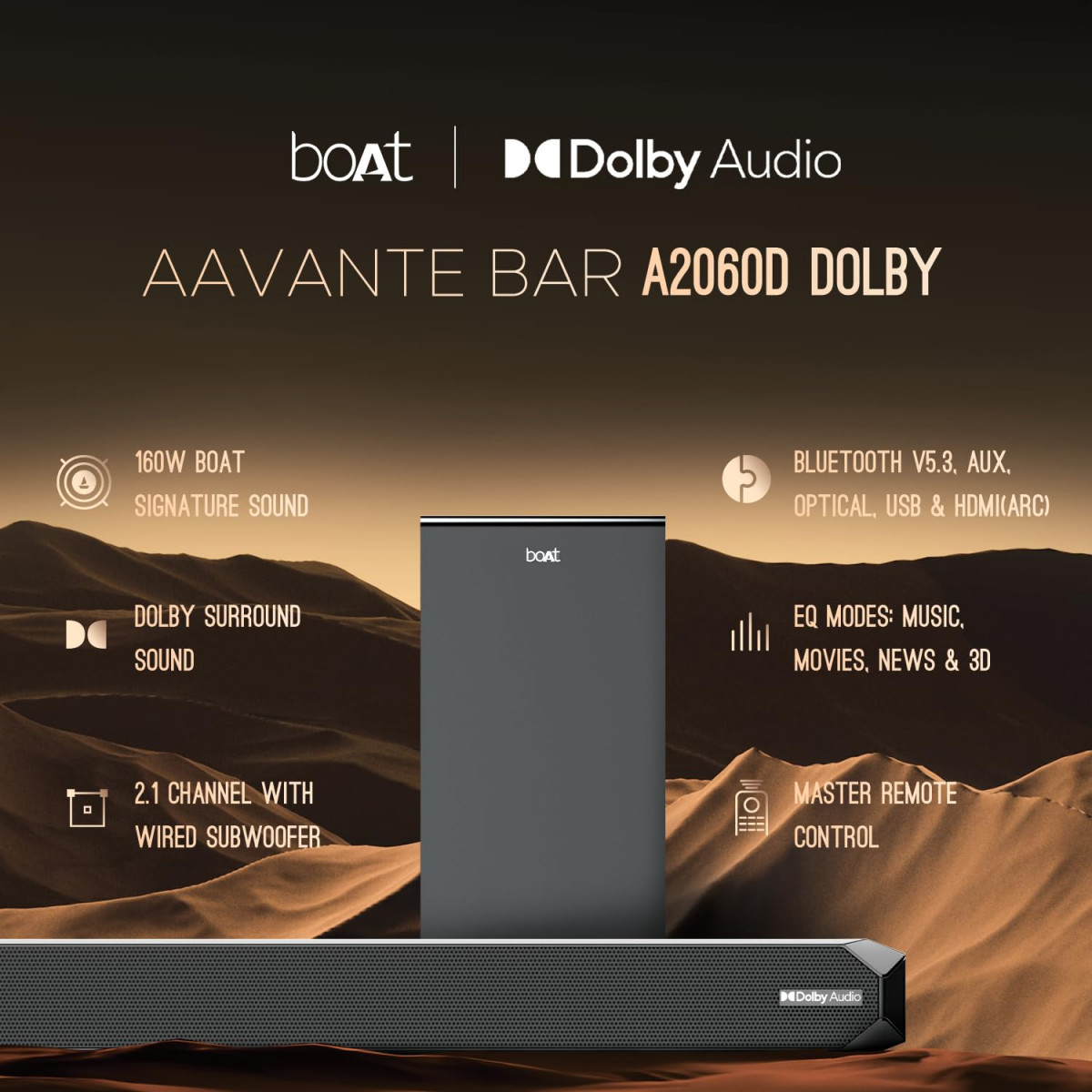 boAt Aavante Bar A2060 Dolby 21 Channel Soundbar wWired Subwoofer Dolby Audio 160 W Output Multi-Connectivity EQ Modes Master Remote  Bluetooth v53Premium Black