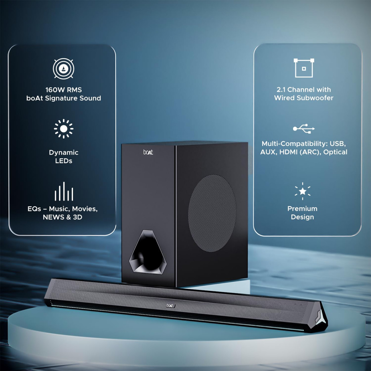 boAt Aavante Bar Orion Soundbar with 160W RMS Signature Sound 21 CH BT v53 Multi-Compatibility Modes Wired Subwoofer EQ Controls Dynamic LEDs  Master Remote ControlPitch Black
