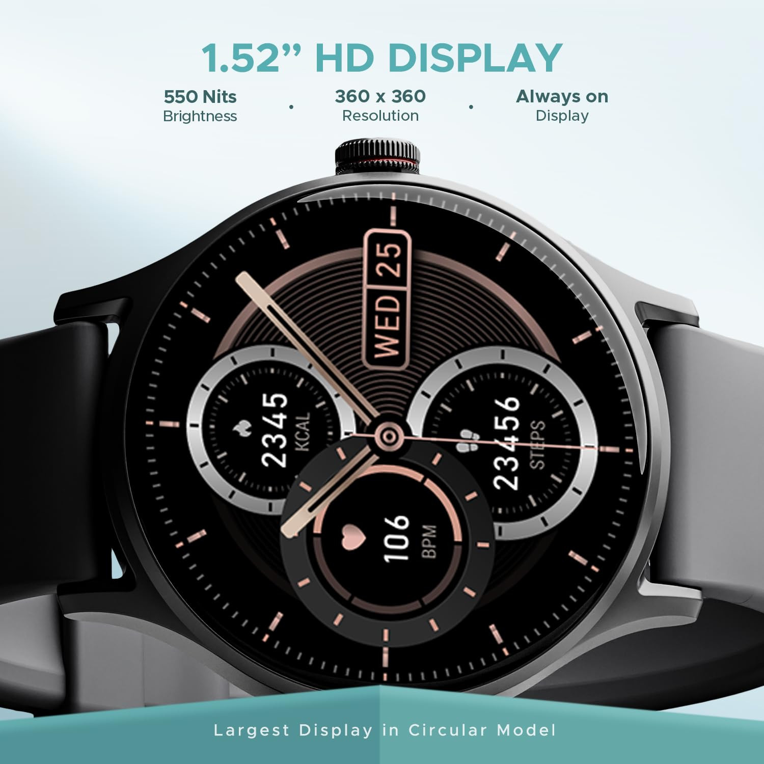 boAt Lunar Vista w 152 38 cm HD Display Advanced Bluetooth Calling Functional Crown100 Sports Mode Always on Display Heart Rate  Sp02 Monitoring Smart Watch for Men  WomenCool Grey