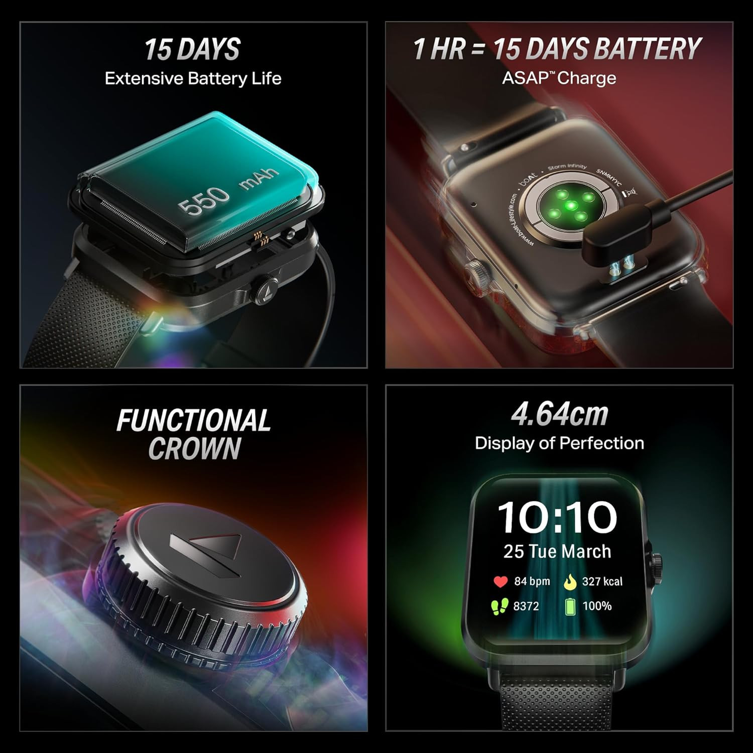 boAt New Launch Storm Infinity w15 Days Extensive Battery fueled by Huge 550mAh Battery Fast Charge 183465cmHD Display Functional Crown BT Calling Smart watch for Men  Women Active Black