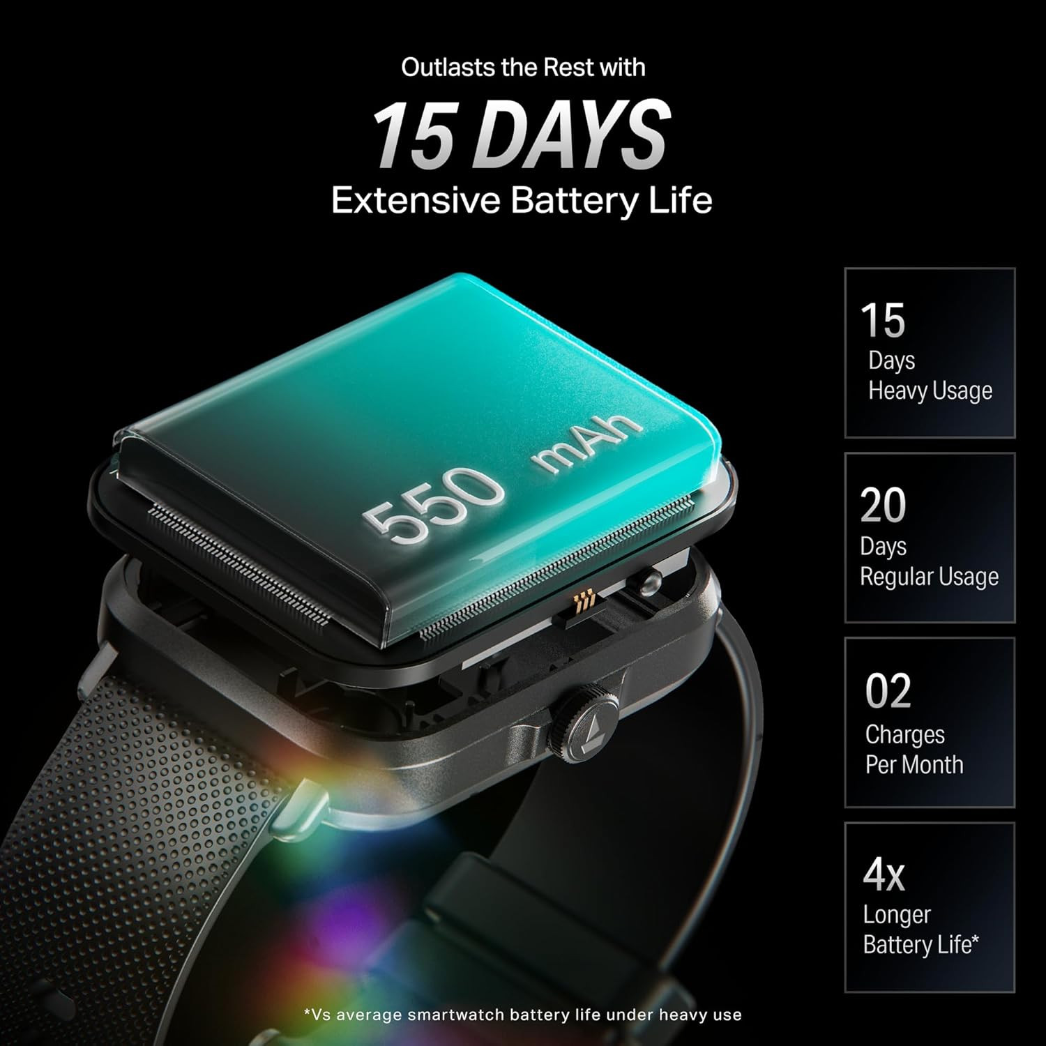 boAt New Launch Storm Infinity w15 Days Extensive Battery fueled by Huge 550mAh Battery Fast Charge 183465cmHD Display Functional Crown BT Calling Smart watch for Men  Women Active Black