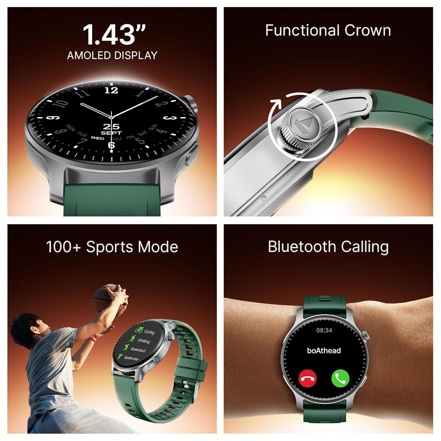 boAt New Launch Ultima Prime smartwatch with 143 AMOLED Display Personalized Fitness Nudges Functional Crown100 Sports Modes Watch Face Studio Forest Green