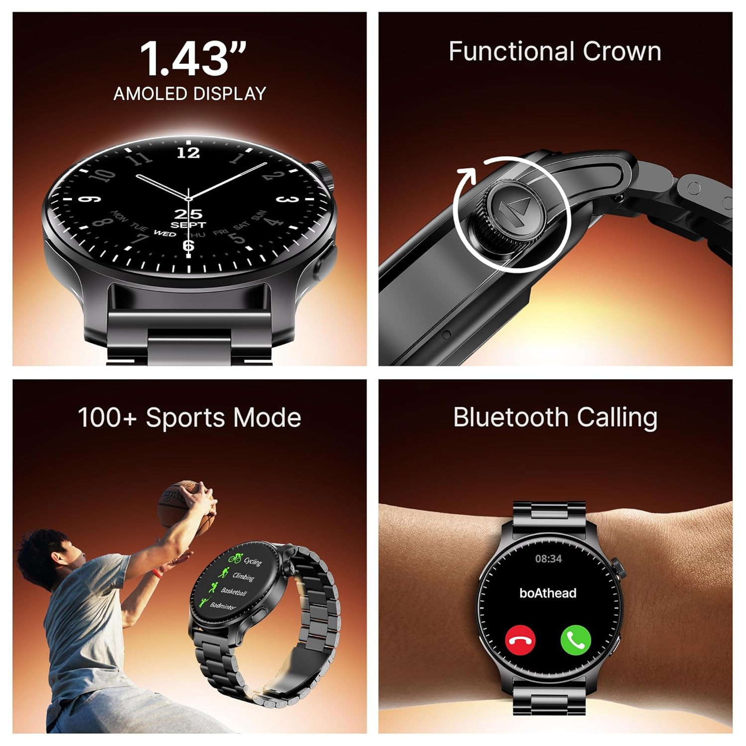 boAt New Launch Ultima Prime smartwatch with 143 AMOLED Display Personalized Fitness Nudges Functional Crown100 Sports Modes Watch Face Studio Steel Black