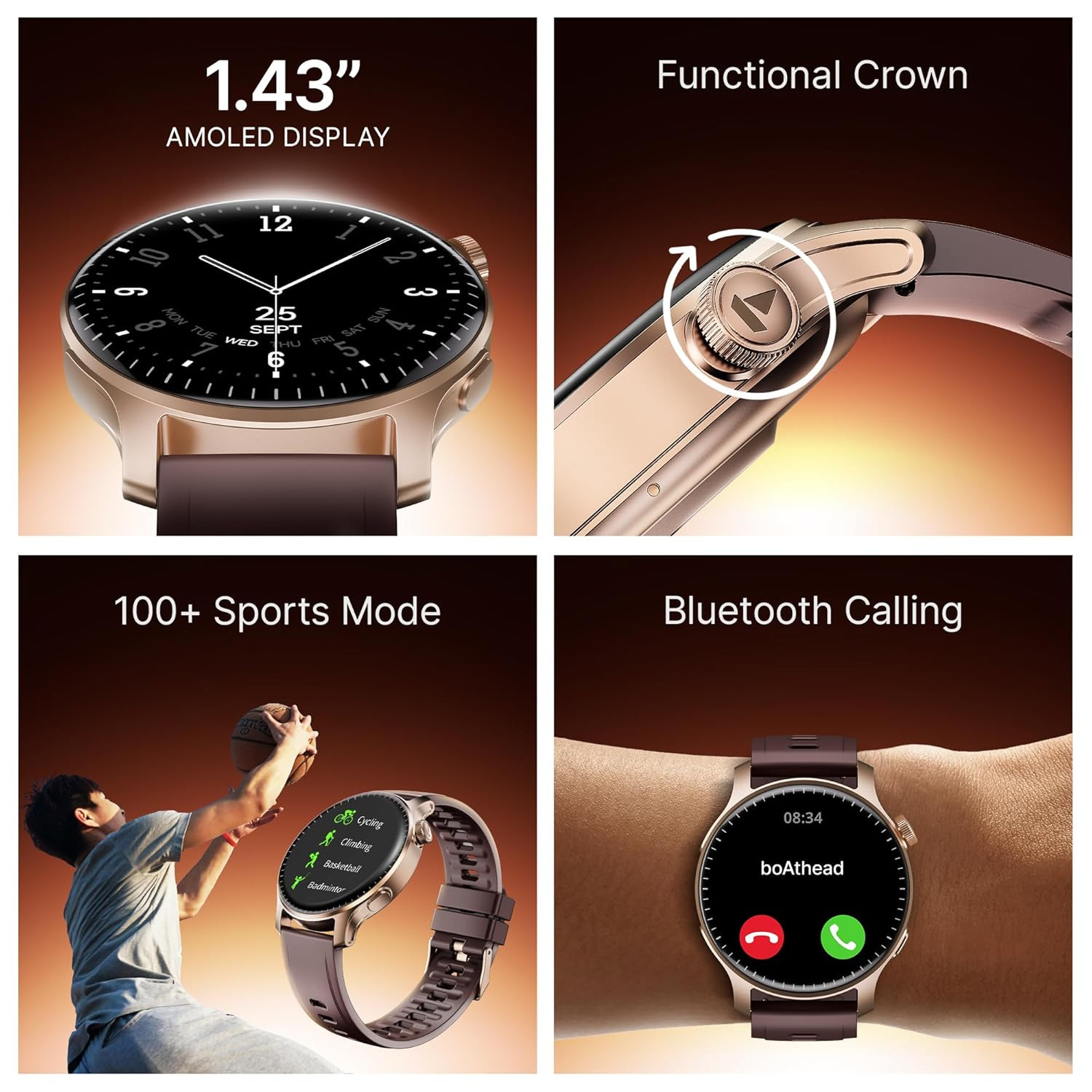 boAt New Launch Ultima Prime Smartwatch with 143 AMOLED Display Personalized Fitness Nudges Functional Crown100 Sports Modes Watch Face Studio Royal Berry Brown