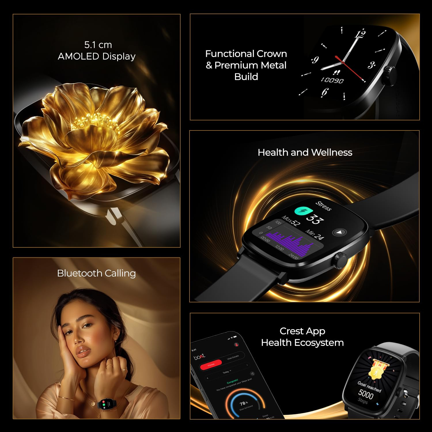 boAt Ultima Regal w 201510 cm Crystal-Clear AMOLED Display 1000 NITS BrightnessPremium Metal Body Functional Crown 100 Sports Modes Fitness Smart Watch for Men  Women Active Black