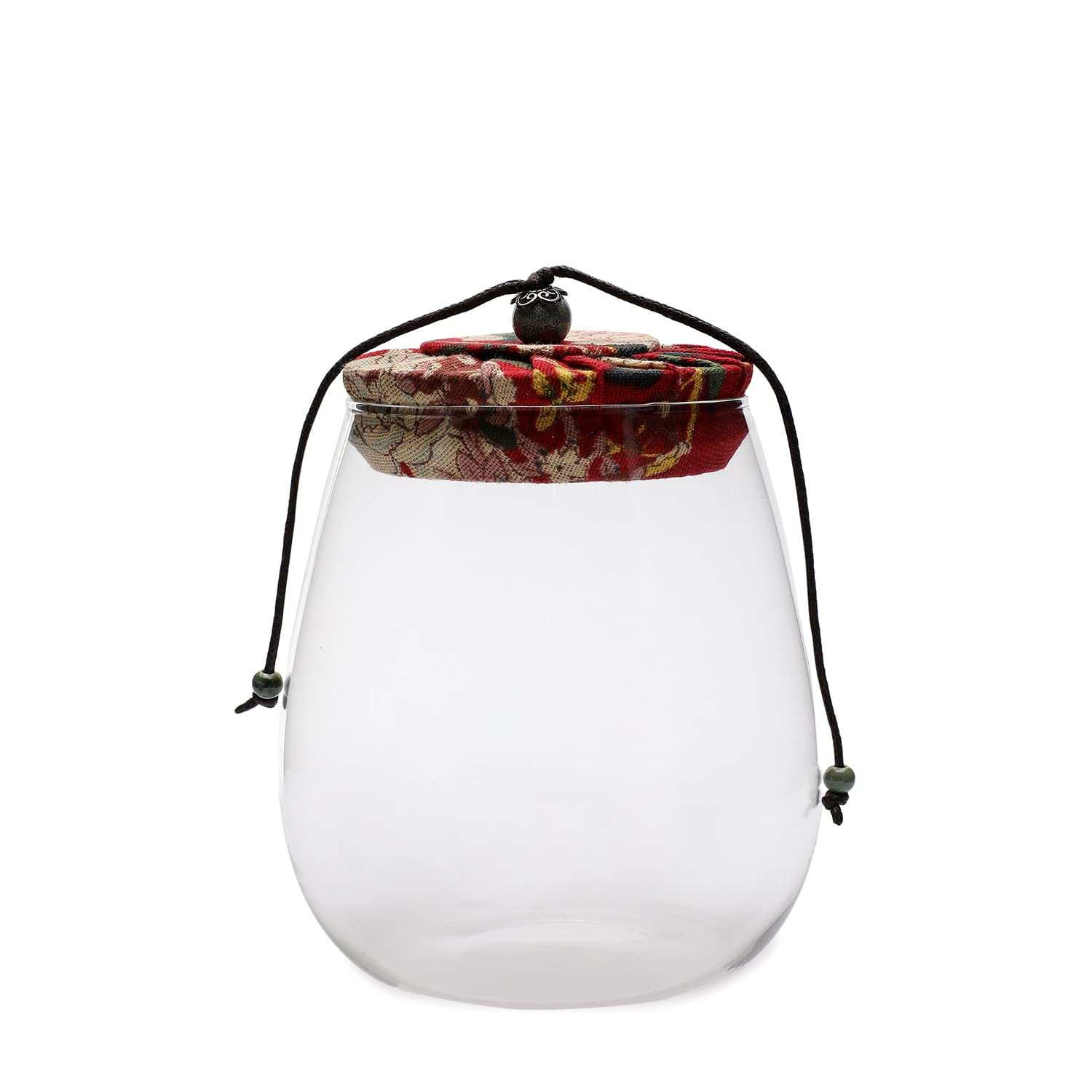 BONHOMIE Clear Solid Glass Storage Jar With Red Floral Fabric Lid For Home And Pantry, Airtight Food Jar Glass Container For Kitchen, For Dry Fruits, Spice, Masala, Pickle, Tea, Coffee, Pack Of 1