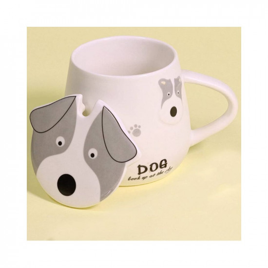 BonZeal 3D Ceramic Coffee Mug Christmas Gifts Item Grey Dog Mug with Lid Spoon 350 ml
