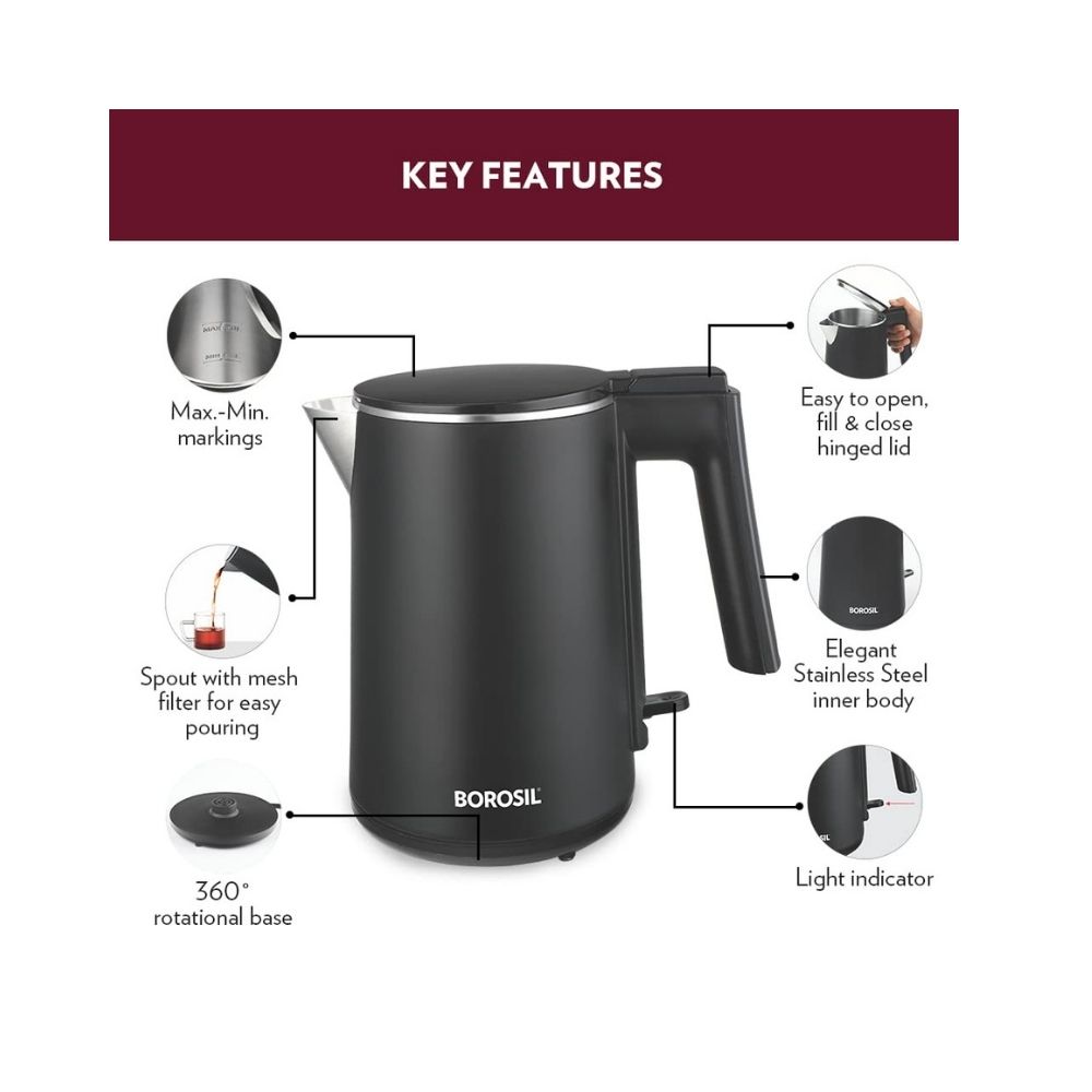 Borosil Cooltouch Electric Kettle Stainless Steel Inner Body Boil Water For Tea Coffee Soup 1 L