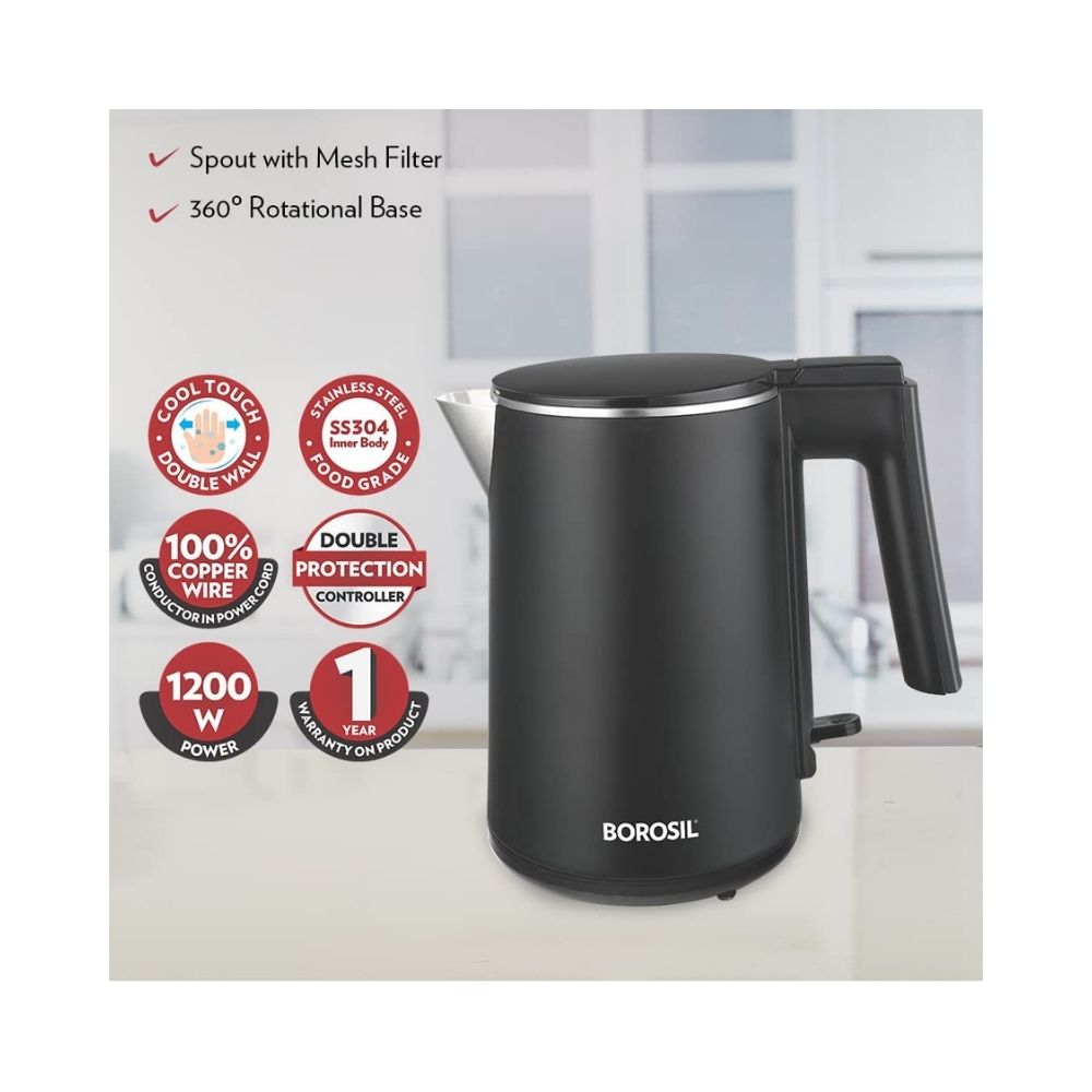 Borosil Cooltouch Electric Kettle Stainless Steel Inner Body Boil Water For Tea Coffee Soup 1 L