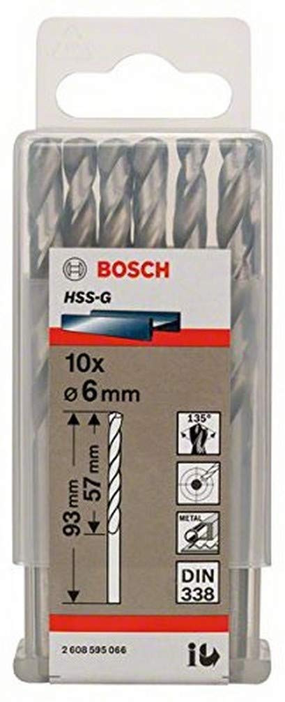 Bosch Professional Metal Drill Bits HSS-G With Diameter 6mm, Working Length- 57mm, Total Length- 93mm, Pack Of 10
