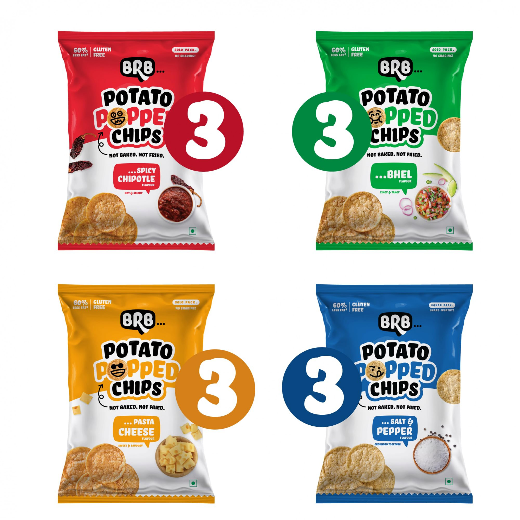 BRB Popped Potato Chips | Not Baked, Not Fried | 4 Flavours | 12 Packs X 25 Grams | 60% Less Fat | Low Calorie | Healthy Snack