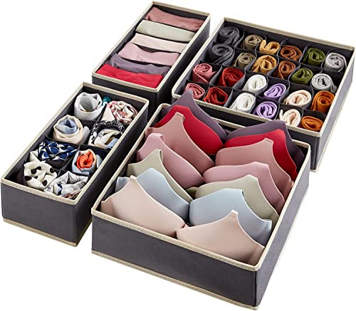 BROGBUS Cotton Cloth Set of 4 Foldable Storage Box Innerwear Storage Organizer For Wardrobe Or Travel (Grey)