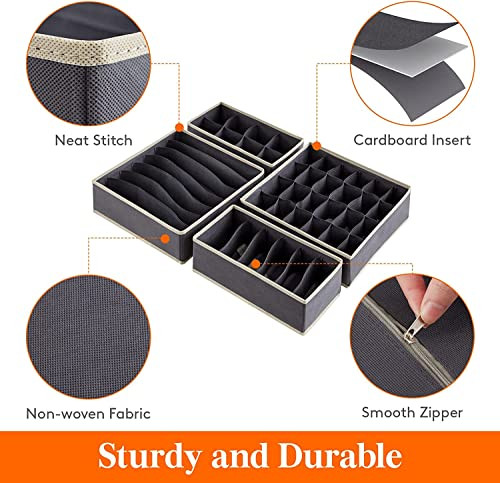 BROGBUS Cotton Cloth Set of 4 Foldable Storage Box Innerwear Storage Organizer For Wardrobe Or Travel (Grey)