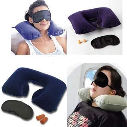 BROGBUS Neck Travel Pillow,3 in 1 Super Soft Travel Neck Pillow Easy to Carry Multi Utility Travel Kit - Inflatable Neck Air Cushion Pillow with Eye Mask & 2 Ear Plugs(Pack of 03)