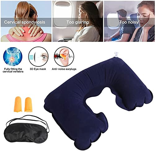 BROGBUS Neck Travel Pillow,3 in 1 Super Soft Travel Neck Pillow Easy to Carry Multi Utility Travel Kit - Inflatable Neck Air Cushion Pillow with Eye Mask & 2 Ear Plugs(Pack of 03)