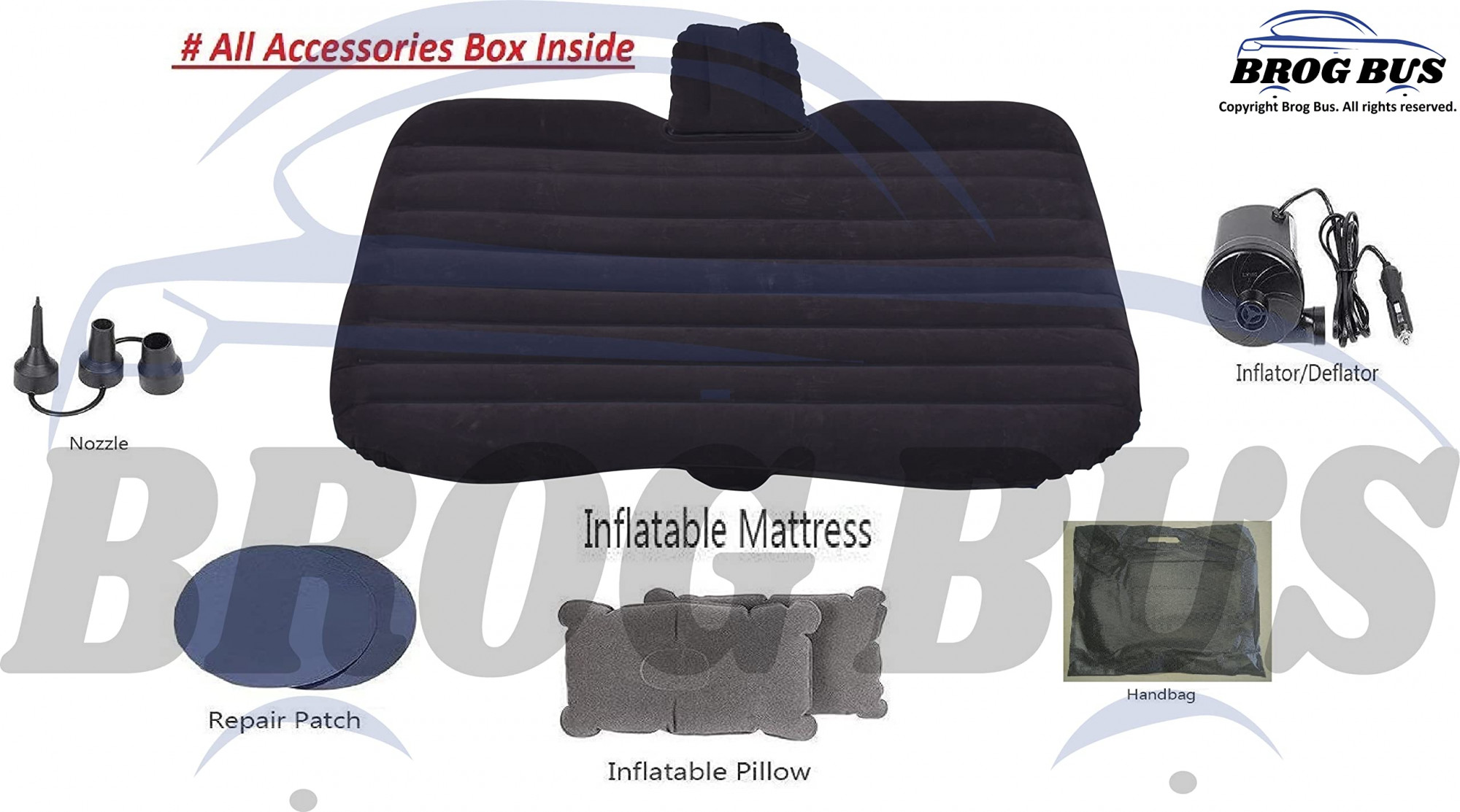 BROGBUS RAF Car Travel Vehicle Inflatable Cushion Mattress with Two Air Pillows, Car Air Pump and Repair tikki for Car Travel (Black, 53.5 x 32.2 x 16.5 Inches)
