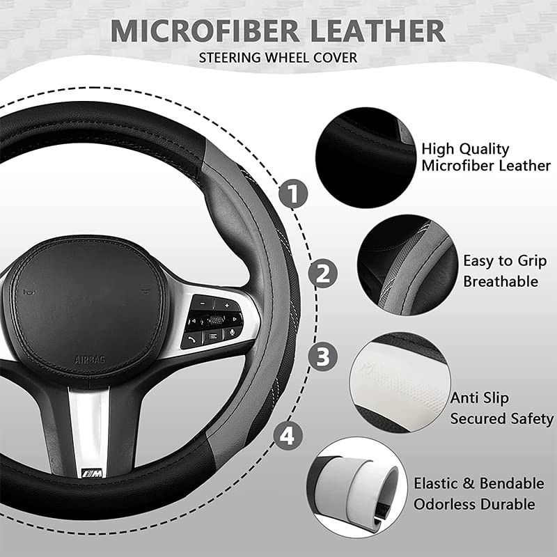 BROGBUS Sport Leather Anti Slip Steering Wheel Cover 14 1/2 inch to 15 inch Universal, Padded Soft Grip Breathable for Car Truck SUV Jeep (Black and Grey)