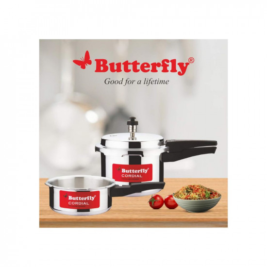 Butterfly Cordial 2 litre 3 litreNon Induction Bottom Outer Lid Pressure Cooker Aluminium Silver Small