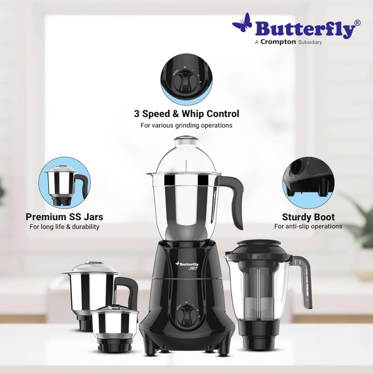 Butterfly Jet Elite Mixer Grinder 750W 4 Jars Grey